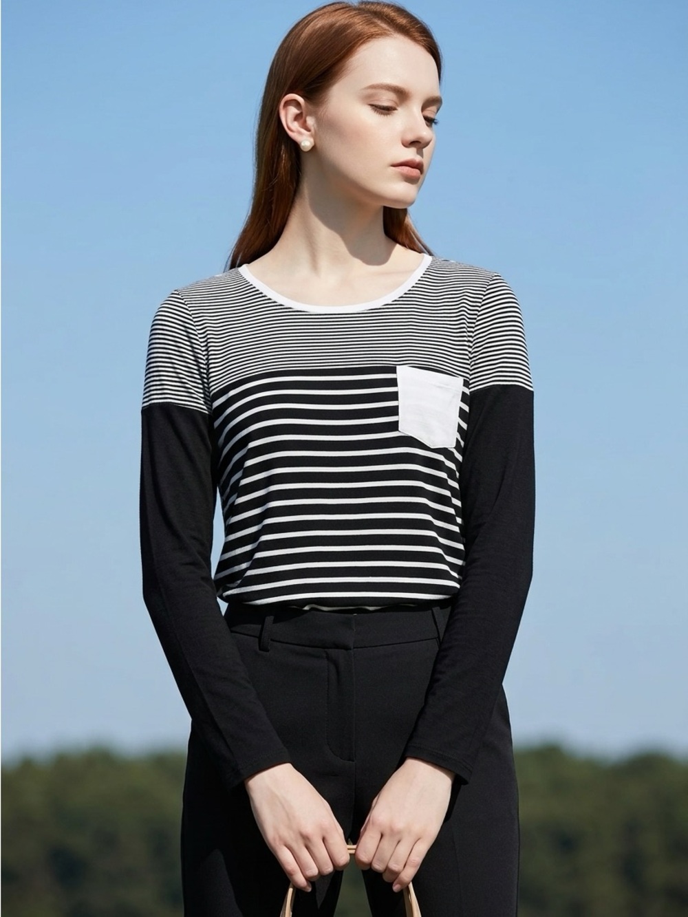 H&M Black and White Striped Long-Sleeve Tee with White Pocket